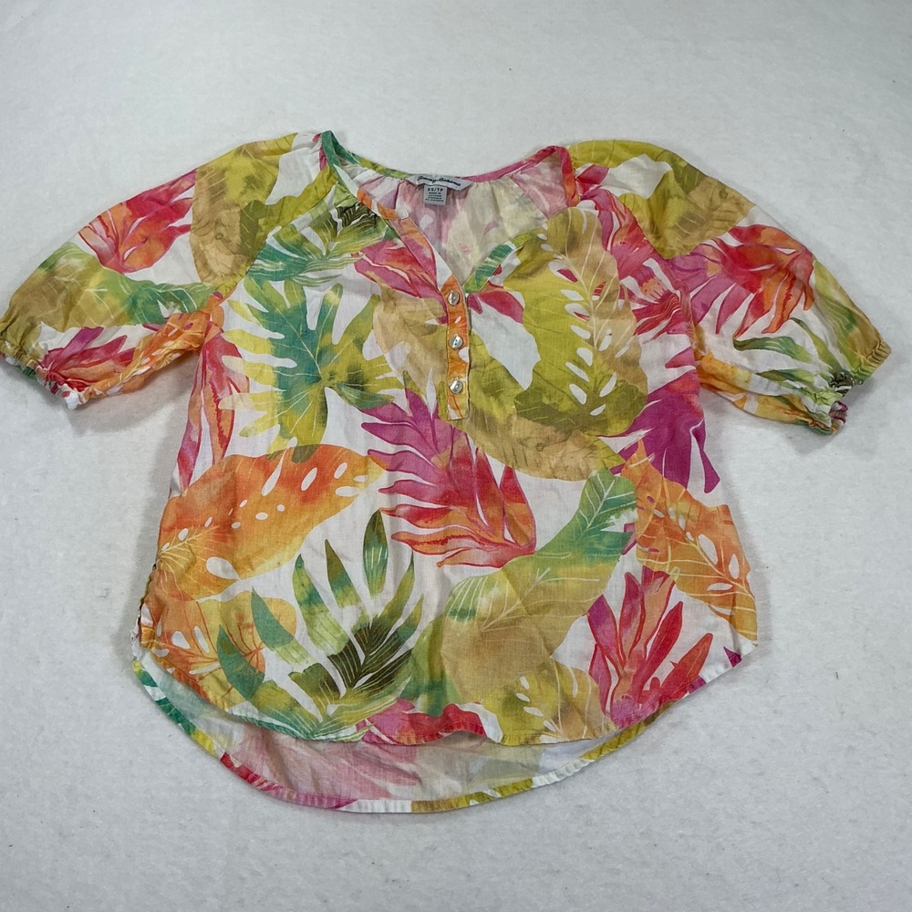 Tommy Bahama Womens XS Tropical Leaf Linen Blend Henley Puff Sleeve Blouse